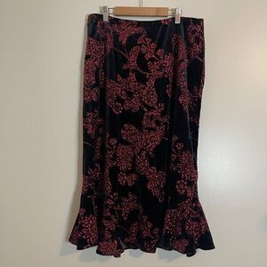 Vintage Choices Midi Skirt Womens L Black Velvet Red Glitter Floral Whimsigoth